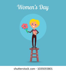 Womens Day poster little blond boy on wooden stool with small gift box and bouquet of pink gerberas vector illustration.