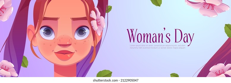 Afiche del Día de la Mujer con una linda chica y flores rosadas. Cartel vectorial del feriado internacional femenino 8 de marzo con caricatura ilustrativa de la cara de una joven con pecas y flores de sakura