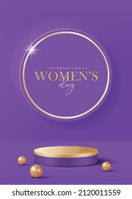 Women's day poster for product demonstration. gold pedestal or podium with pearls on purple background.