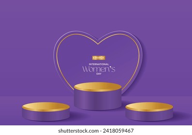 Women's Day Poster for Product Demonstration. Gold Podium, Pearls on Purple Backdrop. 