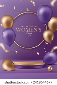 Women's day poster for product demonstration. Gold pedestal or podium with balloons and confetti on purple background.