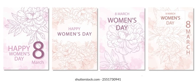 Womens Day Poster. Set of Floral Posters for 8 March. Flower design Womens Day Greeting Cards. Women Day background Templates with Floral Line Art. 
