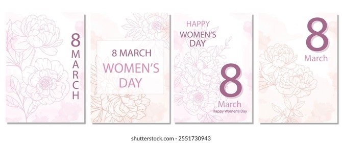 Womens Day Poster. Set of Floral Posters for 8 March. Flower design Womens Day Greeting Cards. Women Day background Templates with Floral Line Art. 
