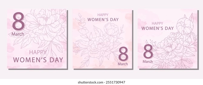 Womens Day Poster. Set of Floral Posters for 8 March. Flower design Womens Day Greeting Cards. Women Day background Templates with Floral Line Art. 
