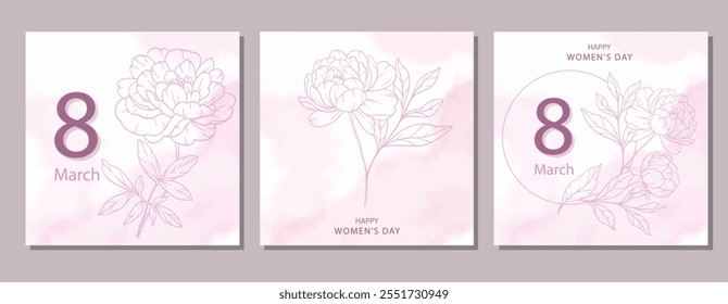 Womens Day Poster. Set of Floral Posters for 8 March. Flower design Womens Day Greeting Cards. Women Day background Templates with Floral Line Art. 
