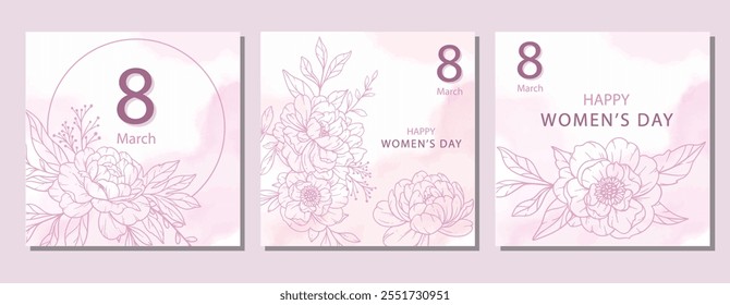 Womens Day Poster. Set of Floral Posters for 8 March. Flower design Womens Day Greeting Cards. Women Day background Templates with Floral Line Art. 
