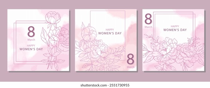 Womens Day Poster. Set of Floral Posters for 8 March. Flower design Womens Day Greeting Cards. Women Day background Templates with Floral Line Art. 
