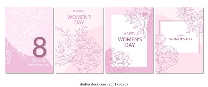 Womens Day Poster. Set of Floral Posters for 8 March. Flower design Womens Day Greeting Cards. Women Day background Templates with Floral Line Art. 
