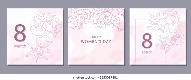 Womens Day Poster. Set of Floral Posters for 8 March. Flower design Womens Day Greeting Cards. Women Day background Templates with Floral Line Art. 
