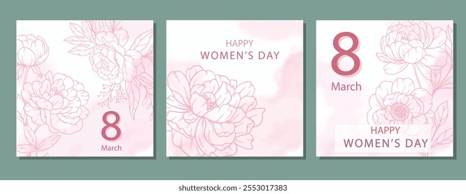 Womens Day Poster. Set of Floral Posters for 8 March. Flower design Womens Day Greeting Cards. Women Day background Templates with Floral Line Art. 
