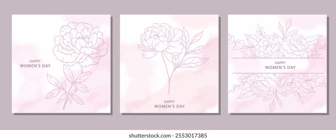 Womens Day Poster. Set of Floral Posters for 8 March. Flower design Womens Day Greeting Cards. Women Day background Templates with Floral Line Art. 
