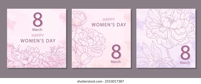 Womens Day Poster. Set of Floral Posters for 8 March. Flower design Womens Day Greeting Cards. Women Day background Templates with Floral Line Art. 
