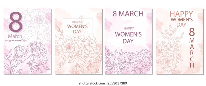 Womens Day Poster. Set of Floral Posters for 8 March. Flower design Womens Day Greeting Cards. Women Day background Templates with Floral Line Art. 
