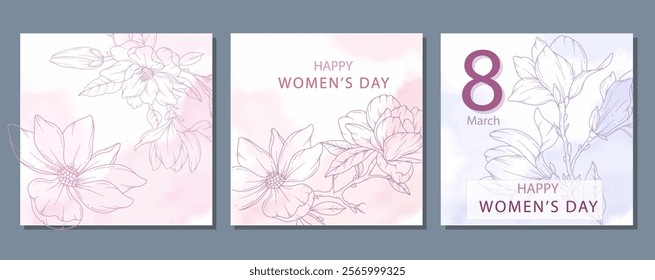 Womens Day Poster. Set of Floral Posters for 8 March. Magnolia Line Art. Flower design Womens Day Greeting Cards. Women Day background Templates with Floral Art. 
