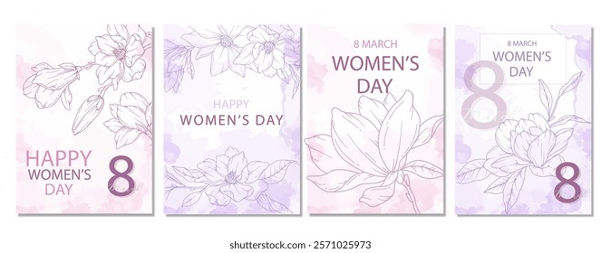 Womens Day Poster. Set of Floral Posters for 8 March. Magnolia Line Art. Flower design Womens Day Greeting Cards. Women Day background Templates with Floral Art. 
