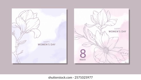 Womens Day Poster. Set of Floral Posters for 8 March. Magnolia Line Art. Flower design Womens Day Greeting Cards. Women Day background Templates with Floral Art. 
