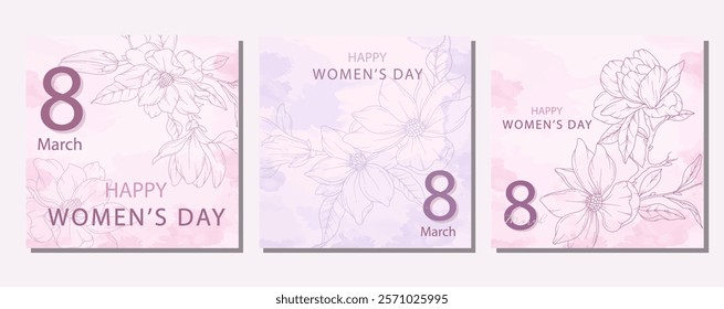 Womens Day Poster. Set of Floral Posters for 8 March. Magnolia Line Art. Flower design Womens Day Greeting Cards. Women Day background Templates with Floral Art. 
