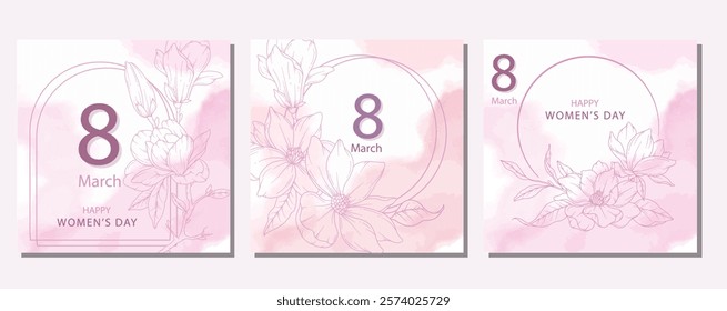 Womens Day Poster. Set of Floral Posters for 8 March. Magnolia Line Art. Flower design Womens Day Greeting Cards. Women Day background Templates with Floral Art. 
