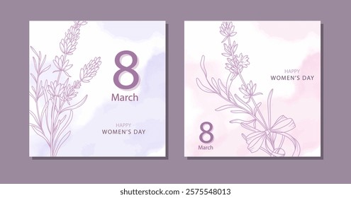 Womens Day Poster. Set of Floral Posters for 8th March. Flower design Womens Day Greeting Cards. Women Day background Templates with Floral Line Art. 
