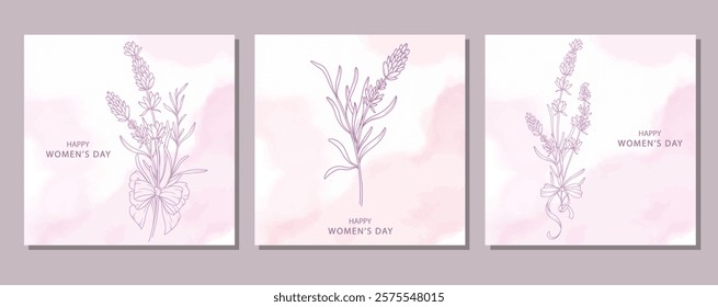 Womens Day Poster. Set of Floral Posters for 8th March. Flower design Womens Day Greeting Cards. Women Day background Templates with Floral Line Art. 
