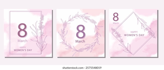 Womens Day Poster. Set of Floral Posters for 8th March. Flower design Womens Day Greeting Cards. Women Day background Templates with Floral Line Art. 
