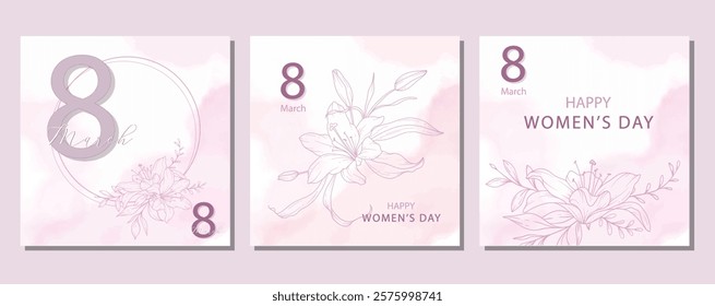 Womens Day Poster. Set of Floral Posters for 8th March. Flower design Womens Day Greeting Cards. Women Day background Templates with Floral Line Art. 
