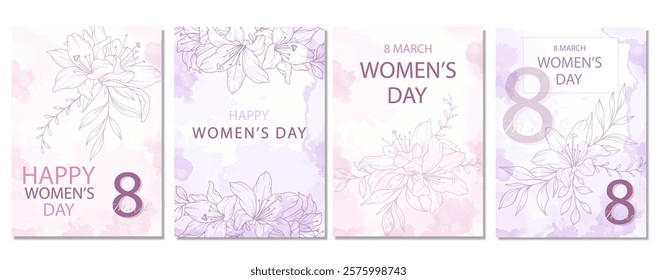 Womens Day Poster. Set of Floral Posters for 8th March. Flower design Womens Day Greeting Cards. Women Day background Templates with Floral Line Art. 
