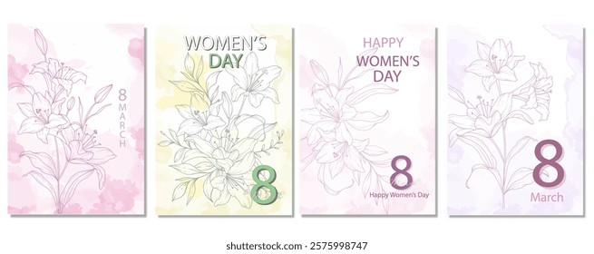 Womens Day Poster. Set of Floral Posters for 8th March. Flower design Womens Day Greeting Cards. Women Day background Templates with Floral Line Art. 
