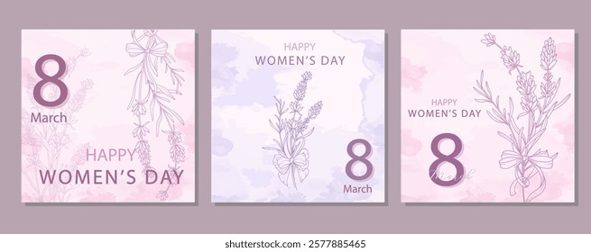 Womens Day Poster. Set of Floral Posters for 8th March. Flower design Womens Day Greeting Cards. Women Day background Templates with Floral Line Art. 
