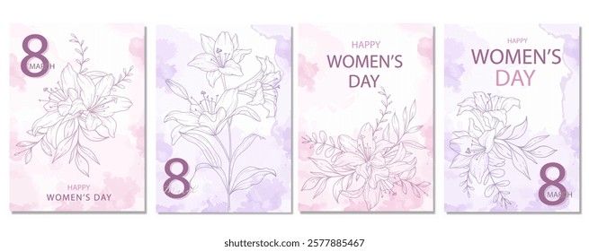 Womens Day Poster. Set of Floral Posters for 8th March. Flower design Womens Day Greeting Cards. Women Day background Templates with Floral Line Art. 
