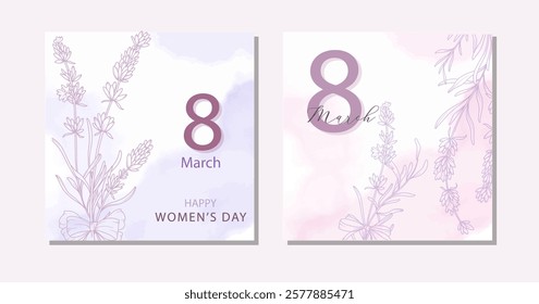 Womens Day Poster. Set of Floral Posters for 8th March. Flower design Womens Day Greeting Cards. Women Day background Templates with Floral Line Art. 
