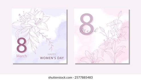 Womens Day Poster. Set of Floral Posters for 8th March. Flower design Womens Day Greeting Cards. Women Day background Templates with Floral Line Art. 
