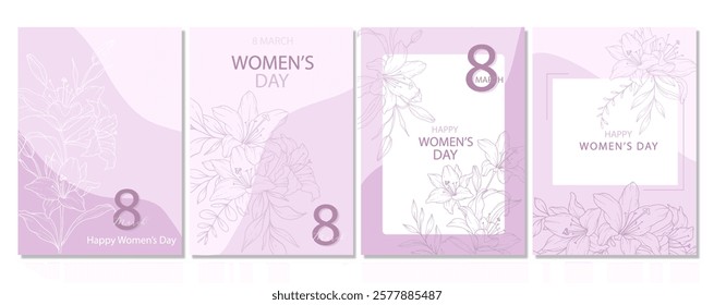 Womens Day Poster. Set of Floral Posters for 8th March. Flower design Womens Day Greeting Cards. Women Day background Templates with Floral Line Art. 
