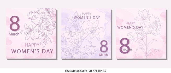 Womens Day Poster. Set of Floral Posters for 8th March. Flower design Womens Day Greeting Cards. Women Day background Templates with Floral Line Art. 
