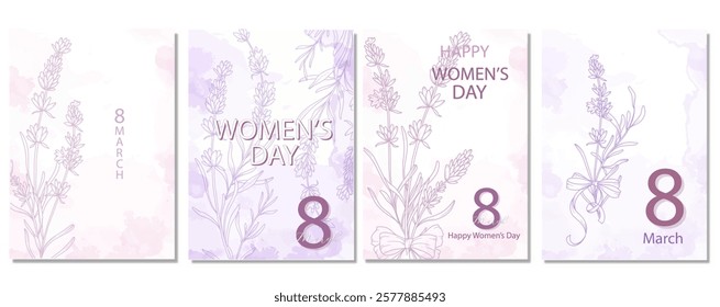 Womens Day Poster. Set of Floral Posters for 8th March. Flower design Womens Day Greeting Cards. Women Day background Templates with Floral Line Art. 
