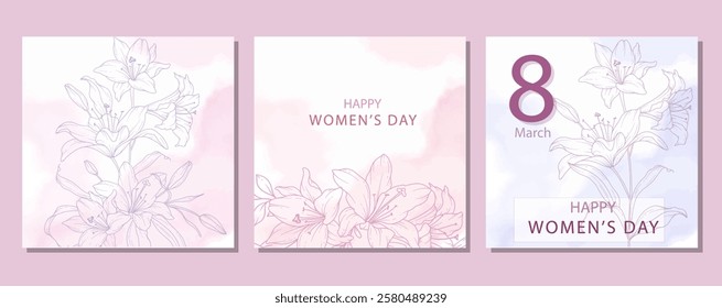 Womens Day Poster. Set of Floral Posters for 8th March. Flower design Womens Day Greeting Cards. Women Day background Templates with Floral Line Art. 
