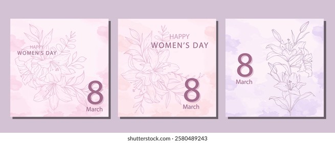 Womens Day Poster. Set of Floral Posters for 8th March. Flower design Womens Day Greeting Cards. Women Day background Templates with Floral Line Art. 
