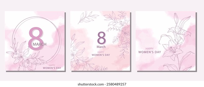 Womens Day Poster. Set of Floral Posters for 8th March. Flower design Womens Day Greeting Cards. Women Day background Templates with Floral Line Art. 
