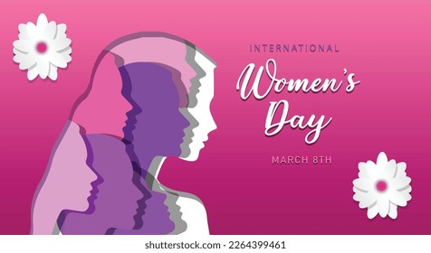 Women's Day poster with silhouettes of multicultural women's faces in 3D style paper cut vector illustration.