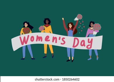 Afiche del Día de la Mujer. Ilustración vectorial con mujeres con el cartel del Día de la Mujer. Lucha por la libertad, el poder de las niñas, la independencia, la igualdad de todos los sexos. Ilustración del vector