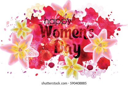 Women's Day. Poster with watercolor blots and flowers.