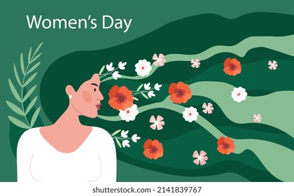 Womens Day poster. Young girl with long green hair, plants and flowers. Spring holidays, love for floristry. Metaphor of beauty and tenderness. Greeting card design. Cartoon flat vector illustration