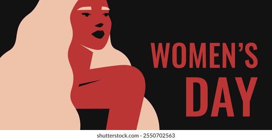 Womens day poster with young woman and red greeting text on dark background . Girl power and feminism concept for Empowerment females rights. Vector illustration