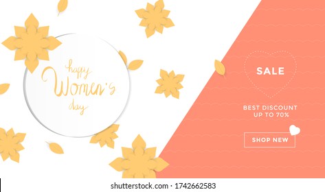 Women's day Posters or banners about sales for seasonal discount offers for Mother's Day holiday stores.International Vector Women's Day on March 8 additional flowers and leaves with a pink background