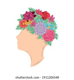 womens day profile female head with arrangement flowers vector illustration
