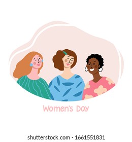 Cita del Día de la Mujer. Imagen vectorial de mujeres sonrientes felices diferentes razas con cabello marrón, negro, ropa colorida con adorno aislado en fondo beige. Diseño para tarjeta de felicitación, invitación