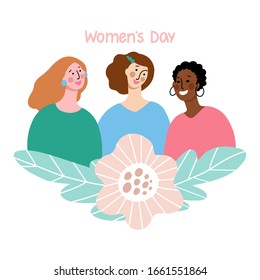 Women's Day quote. Vector illustration of  happy smiling women different races with brown, black hair, colorful flowers with ornament isolated on white background. Design for greeting card, invitation