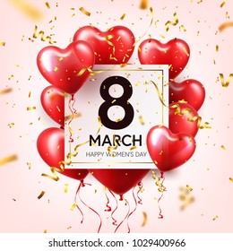 Women's day red background with balloons, heart shape.Confetti and ribbon. Love symbol. March 8. I love you. Spring holiday.
