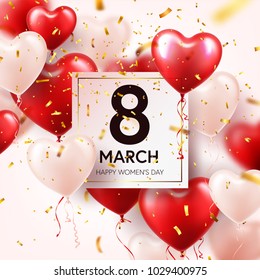 Women's day red background with balloons, heart shape.Confetti and ribbon. Love symbol. March 8. I love you. Spring holiday.