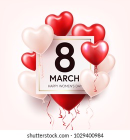 Women's day red background with balloons, heart shape. Love symbol. March 8. I love you. Spring holiday.